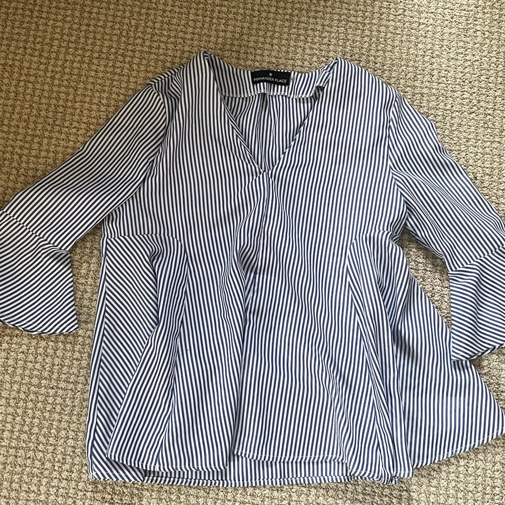 Pomander Place Navy and White Striped V-Neck Bell Sleeve Blouse Tuckernuck